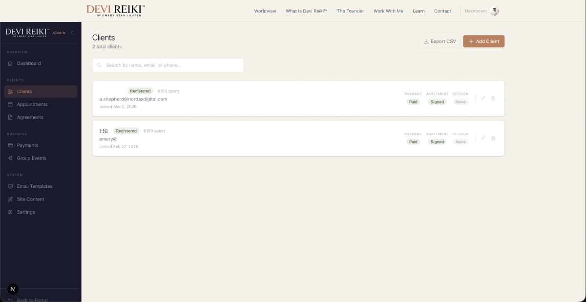 Devi Reiki Admin Portal — Dashboard