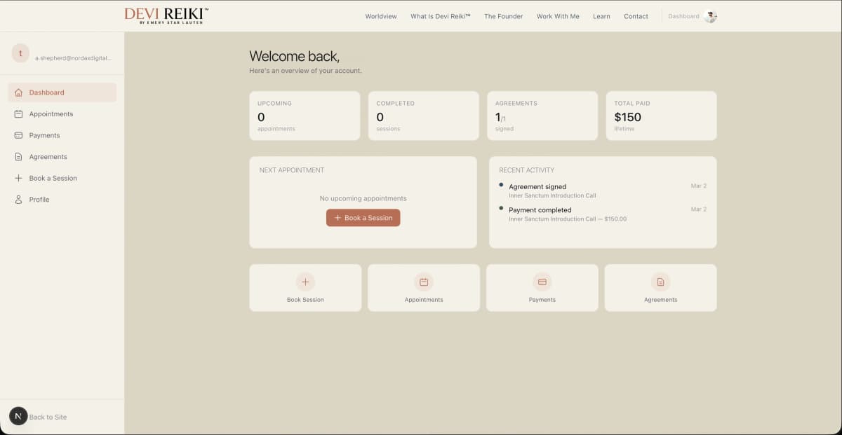 Devi Reiki Client Portal — Welcome & Dashboard