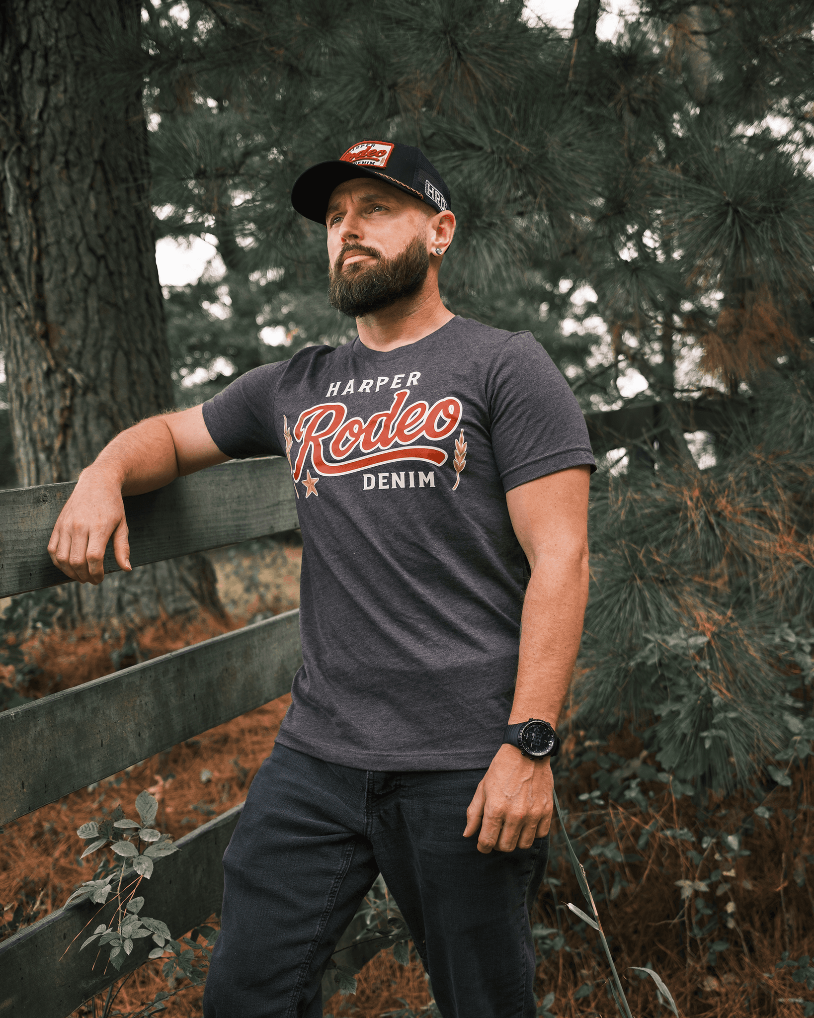 Harper Rodeo Denim branded apparel photographed outdoors