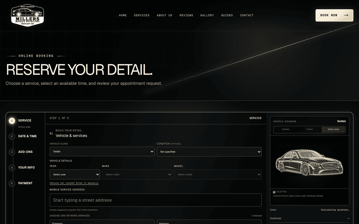 Miller's Mobile Detailing five-step online booking experience