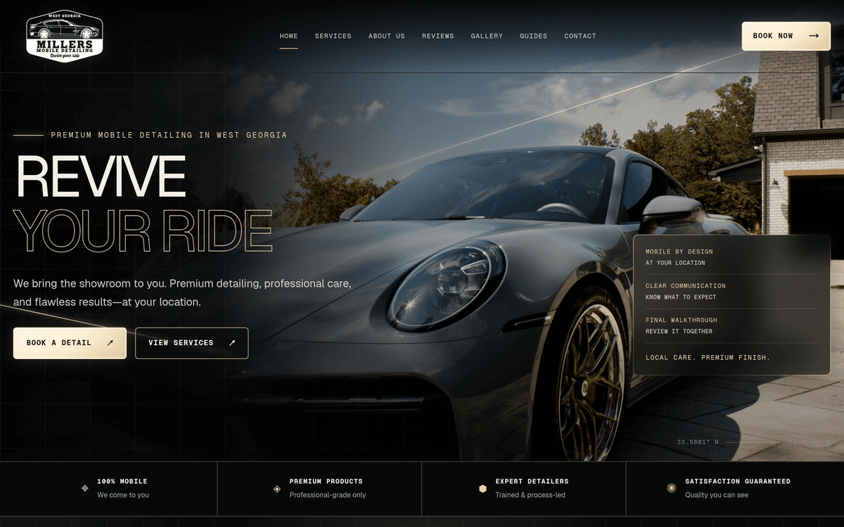Miller's Mobile Detailing website homepage designed and developed by Nordax Digital