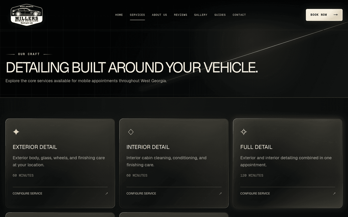 Miller's Mobile Detailing services page designed by Nordax Digital