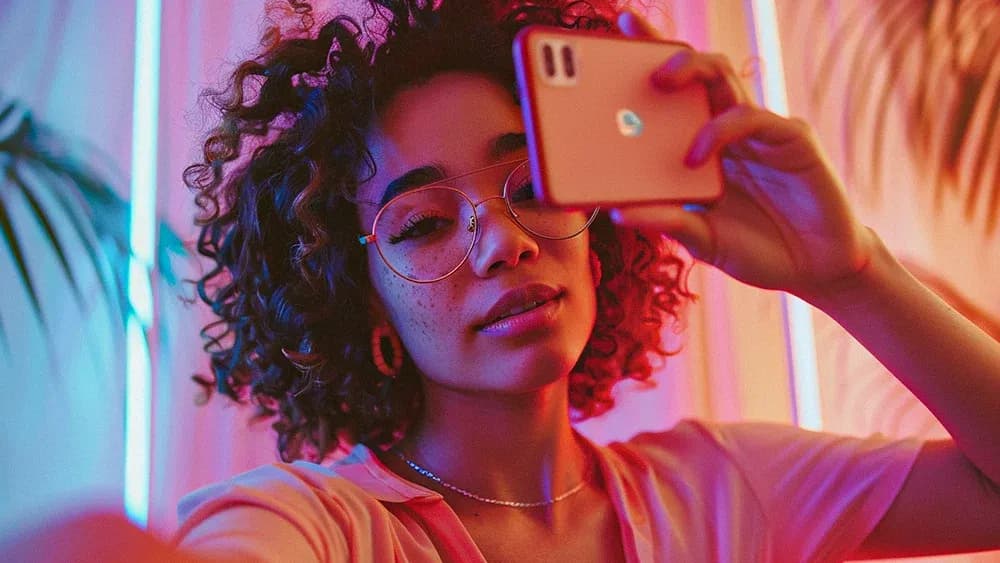 A young woman with curly hair and glasses taking a selfie with a smartphone in a brightly lit room. The room features vibrant neon lights in blue and pink, creating a colorful and trendy atmosphere. She appears confident and stylish, with a relaxed and engaging expression.
