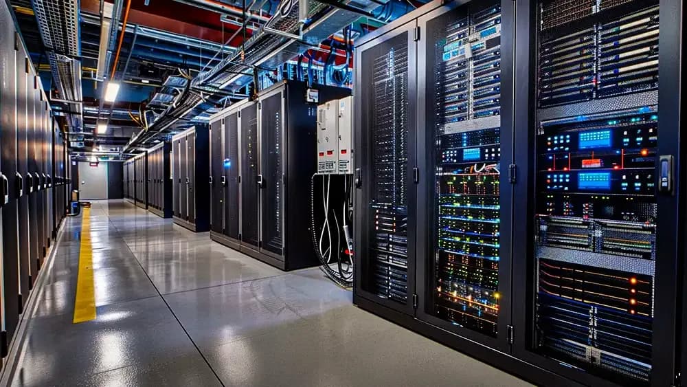 A modern data center with rows of server racks filled with blinking lights and advanced networking equipment. The room is clean and well-organized, with visible cabling and cooling systems above. The environment is highly secure and optimized for efficient data management and accessibility.