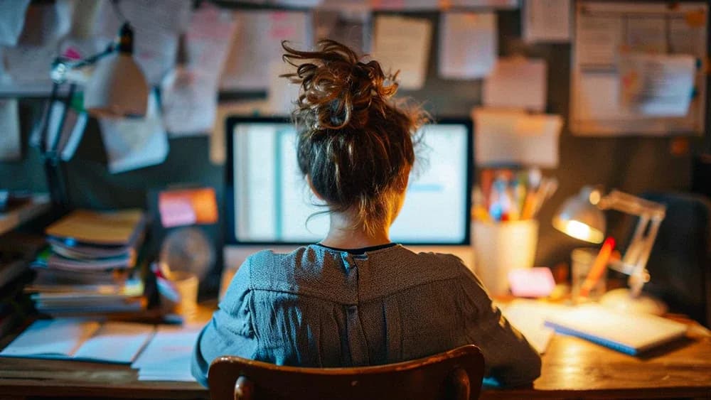 A woman with her hair in a messy bun works at a cluttered desk in a dimly lit room. She is focused on a computer monitor, surrounded by papers, notes, and office supplies. The walls are covered with pinned documents and reminders, indicating a busy and dedicated work environment.