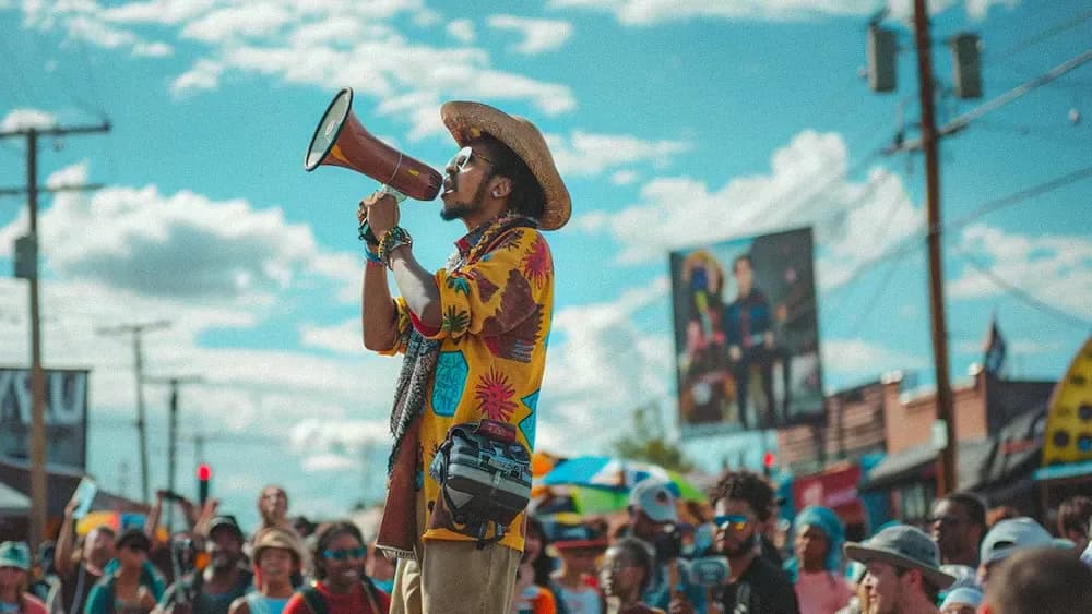 A man wearing a vibrant floral shirt and a straw hat speaks through a megaphone at an outdoor event. He stands out in the crowd, which is full of people wearing colorful clothes and accessories. The sky is clear with a few clouds, and there are power lines and billboards in the background, creating a lively and energetic atmosphere.