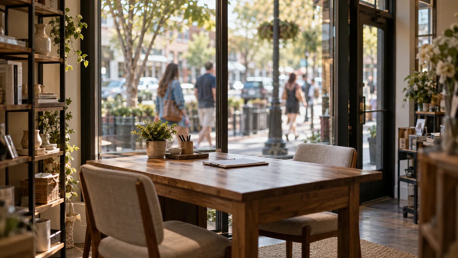 An empty consultation table inside a storefront while pedestrians pass outside the window.