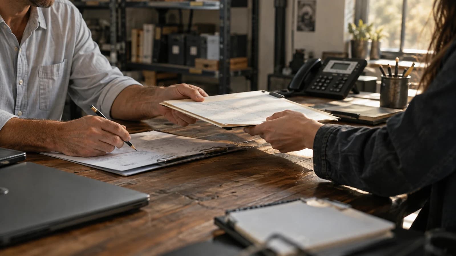 Two people review customer estimates and pass a folder across a small-business office desk.