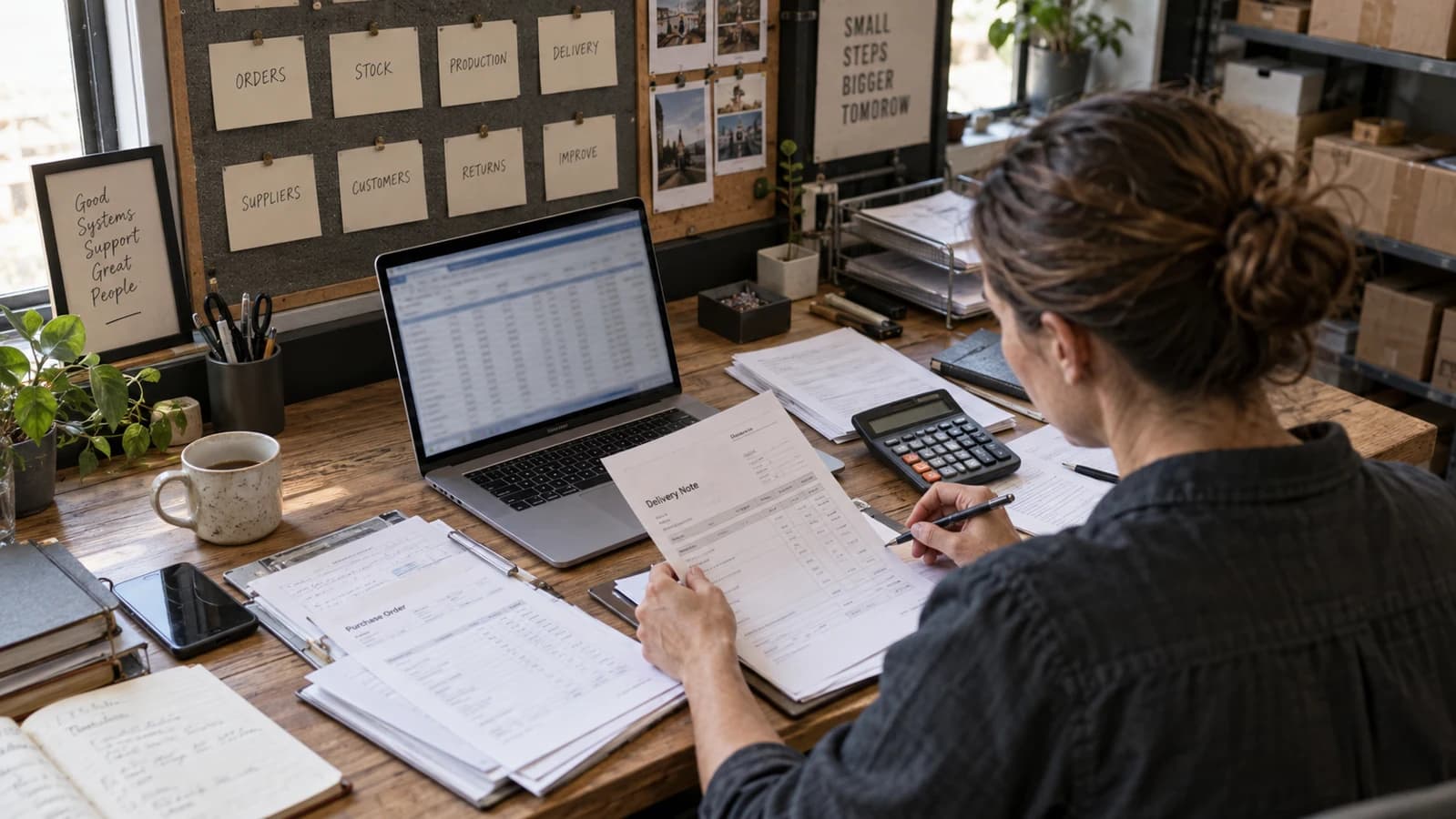 A small-business operations manager reconciles paper orders with a laptop spreadsheet.