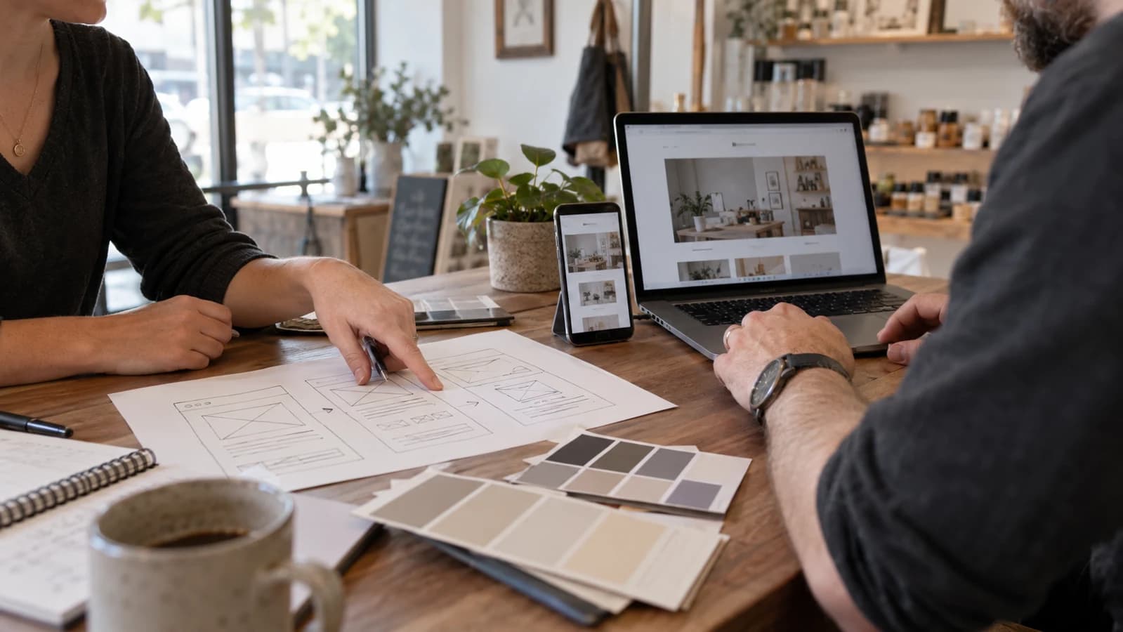 A business owner and web professional review paper wireframes beside desktop and mobile website previews.