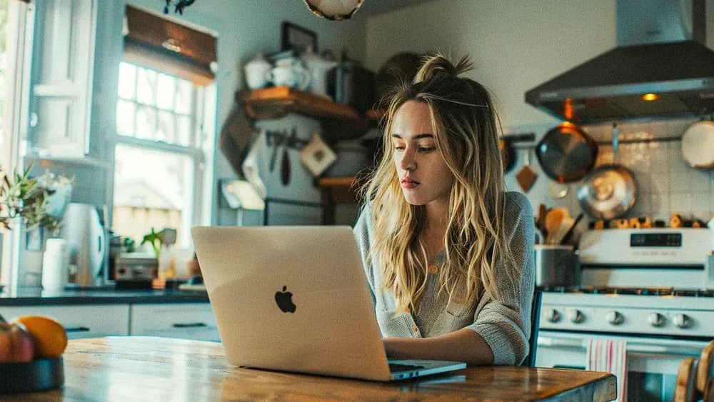 A young woman with long blonde hair works on a laptop at a kitchen table. The kitchen is cozy and well-lit, with various utensils and cookware in the background. The woman appears focused and engaged, indicating a productive work-from-home environment.