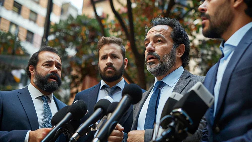 Four men in suits standing outdoors in front of microphones, appearing to address the media. The background features trees and buildings, suggesting an urban setting.