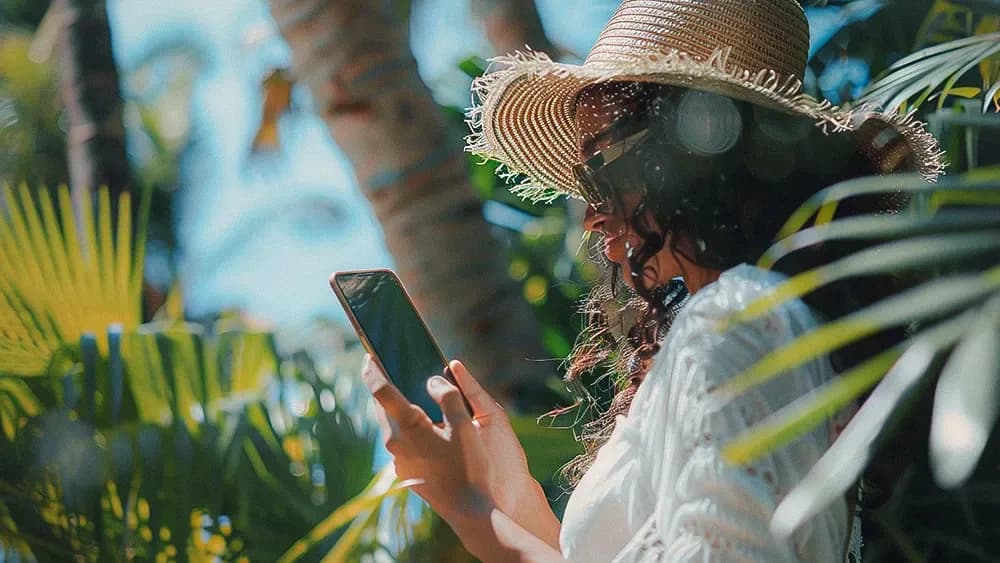 A woman wearing a sun hat and sunglasses is standing outdoors, surrounded by lush tropical plants. She is looking at her smartphone with a smile on her face, enjoying a sunny day.