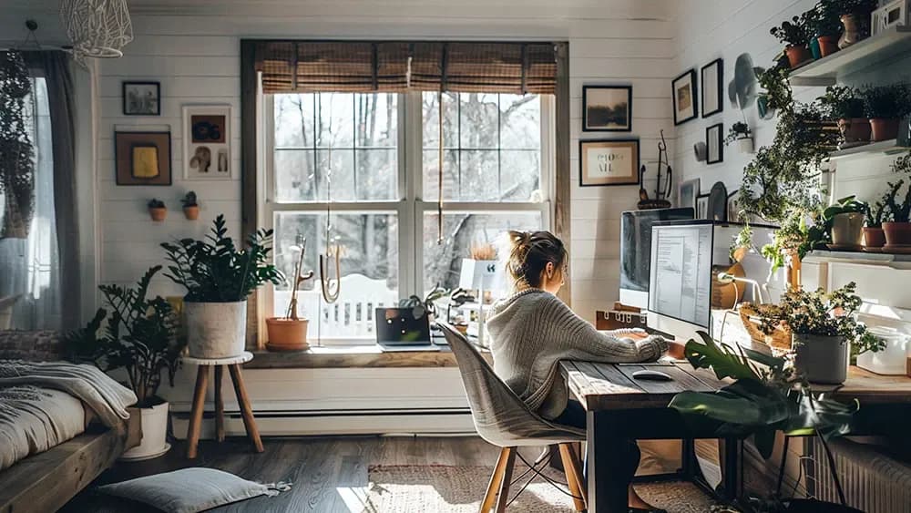 A person working at a desk in a beautifully decorated home office filled with plants and natural light. The workspace features a large computer monitor and cozy furnishings, creating an inviting and productive environment.