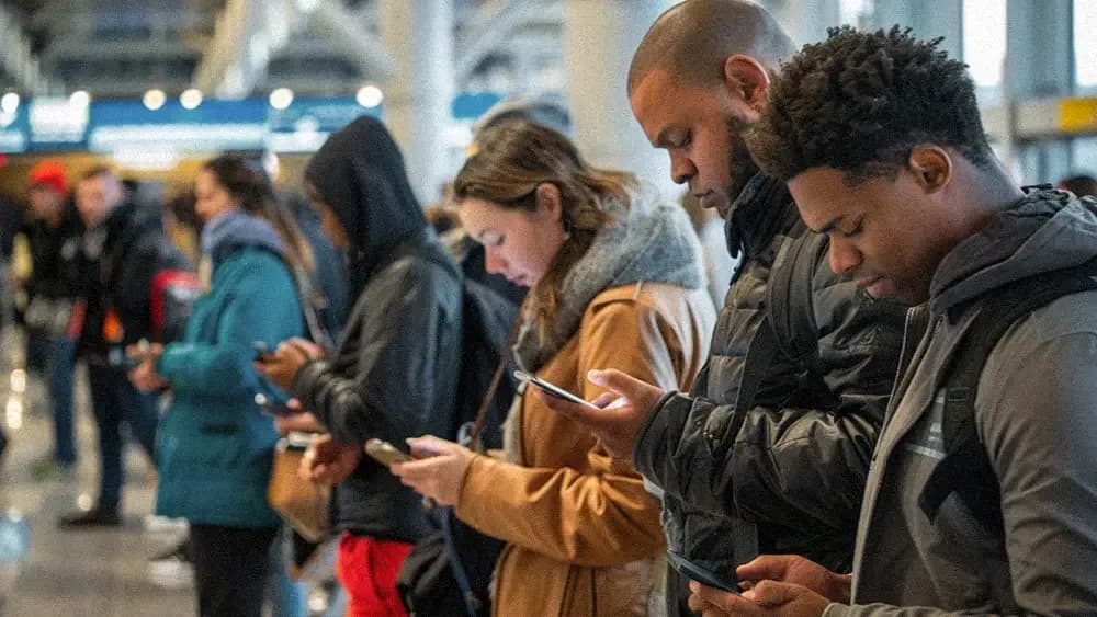 A diverse group of people standing in a public space, all focused on their smartphones. They are dressed in winter clothing, indicating a cold environment. The setting appears to be a busy indoor location, possibly a train station or airport.