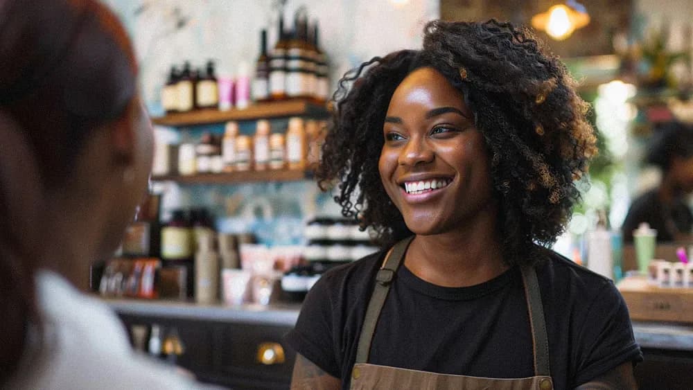 A smiling woman with curly hair and an apron engages with a customer in a shop filled with various beauty and skincare products. The ambiance is warm and inviting, with shelves stocked neatly in the background. The woman’s cheerful demeanor highlights excellent customer service and a welcoming environment.