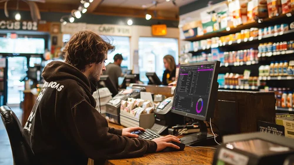 A young man is working on a desktop computer in a retail store, analyzing data displayed on the screen. The store shelves are stocked with various products, and another employee is visible in the background.