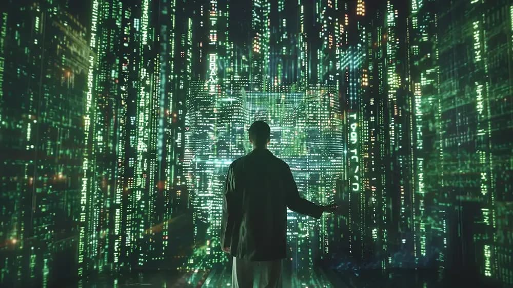 A person stands in front of a massive digital display filled with cascading green data streams and codes, resembling a scene from a futuristic or cyberpunk setting. The individual appears to be interacting with the data, highlighting a sense of immersion in a highly advanced technological environment.