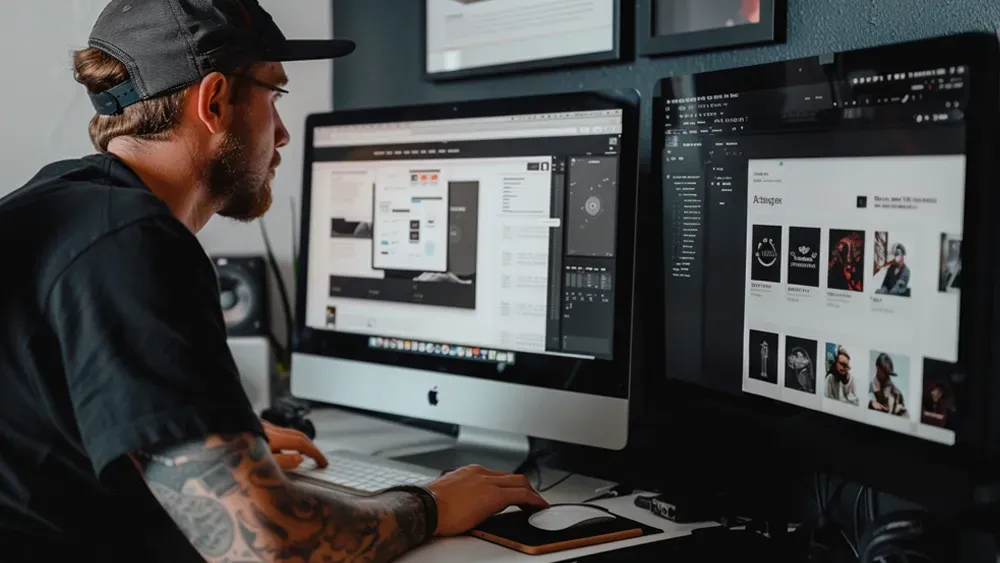 A focused man with tattoos and a cap works on web design at his desk, using a dual-monitor setup. The screens display various design and development interfaces, indicating a detailed and creative process. The workspace is modern and well-organized, reflecting a professional environment.