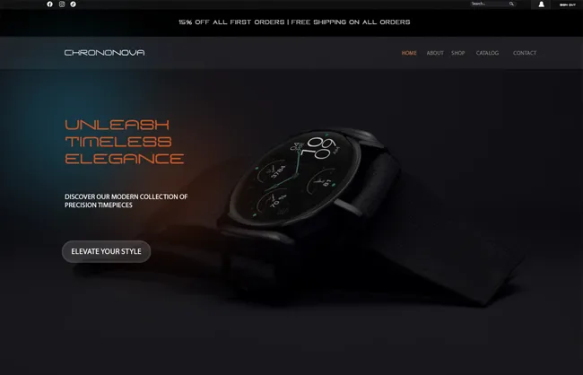 Screenshot of Chrononova watch e-commerce website project