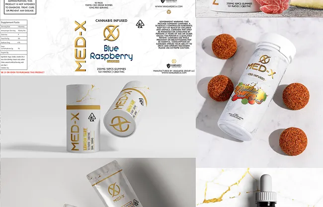 Collage of MedX product designs, including CBD gummies and tinctures